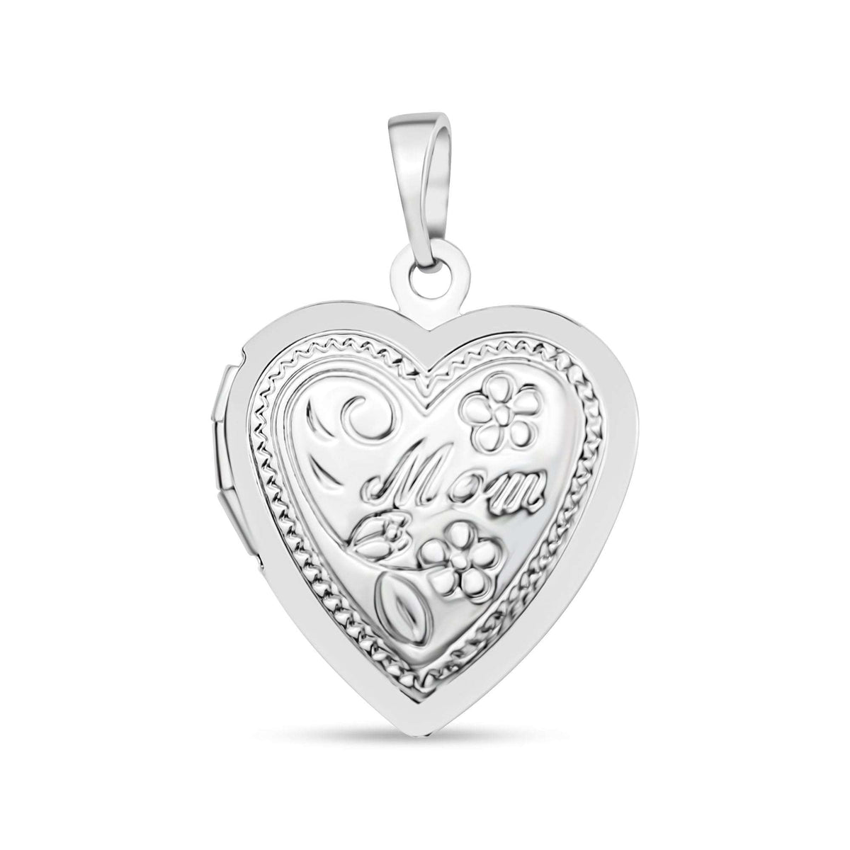 Silver-tone heart locket with Mom inscription and a floral pattern