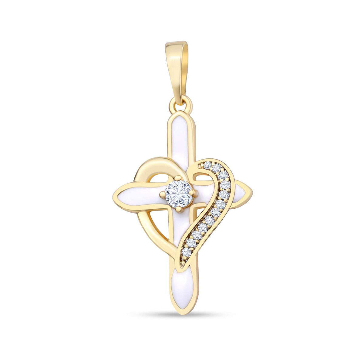 Cross and heart pendant with white enamel, cubic zirconia and gold-tone finish