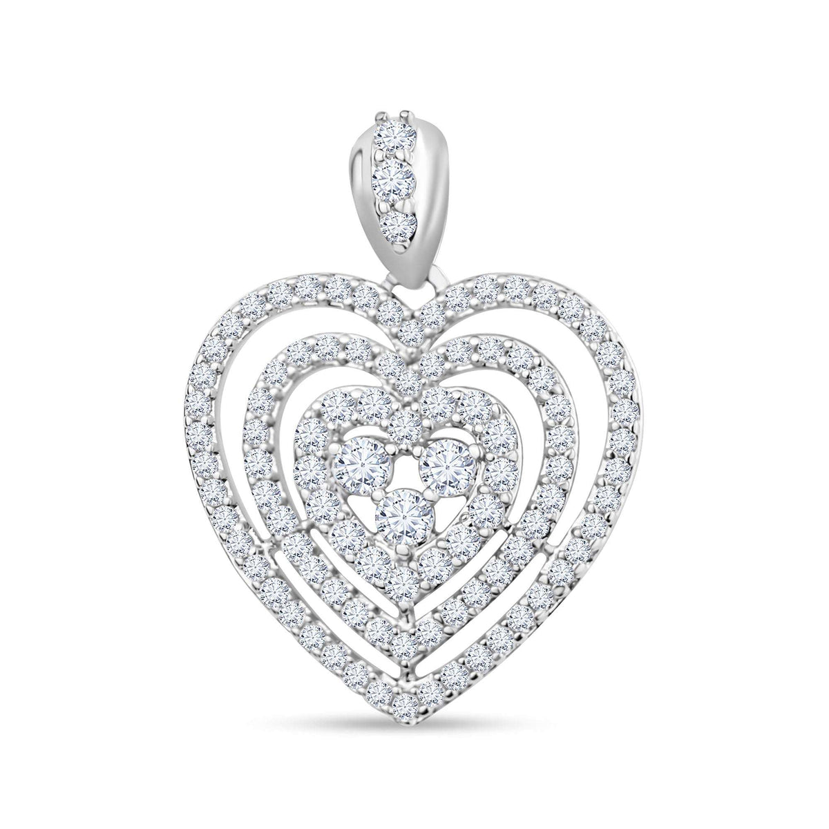 Tiered silver-tone heart pendant with cubic zirconia and a stone-set bail