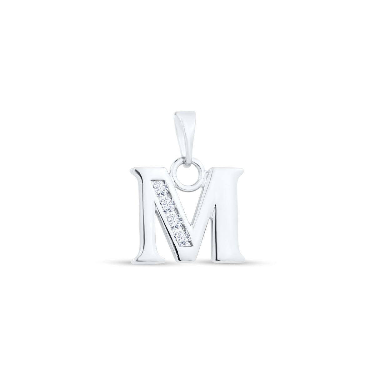 Letter M pendant with diagonally set stones and a mirror-smooth surface