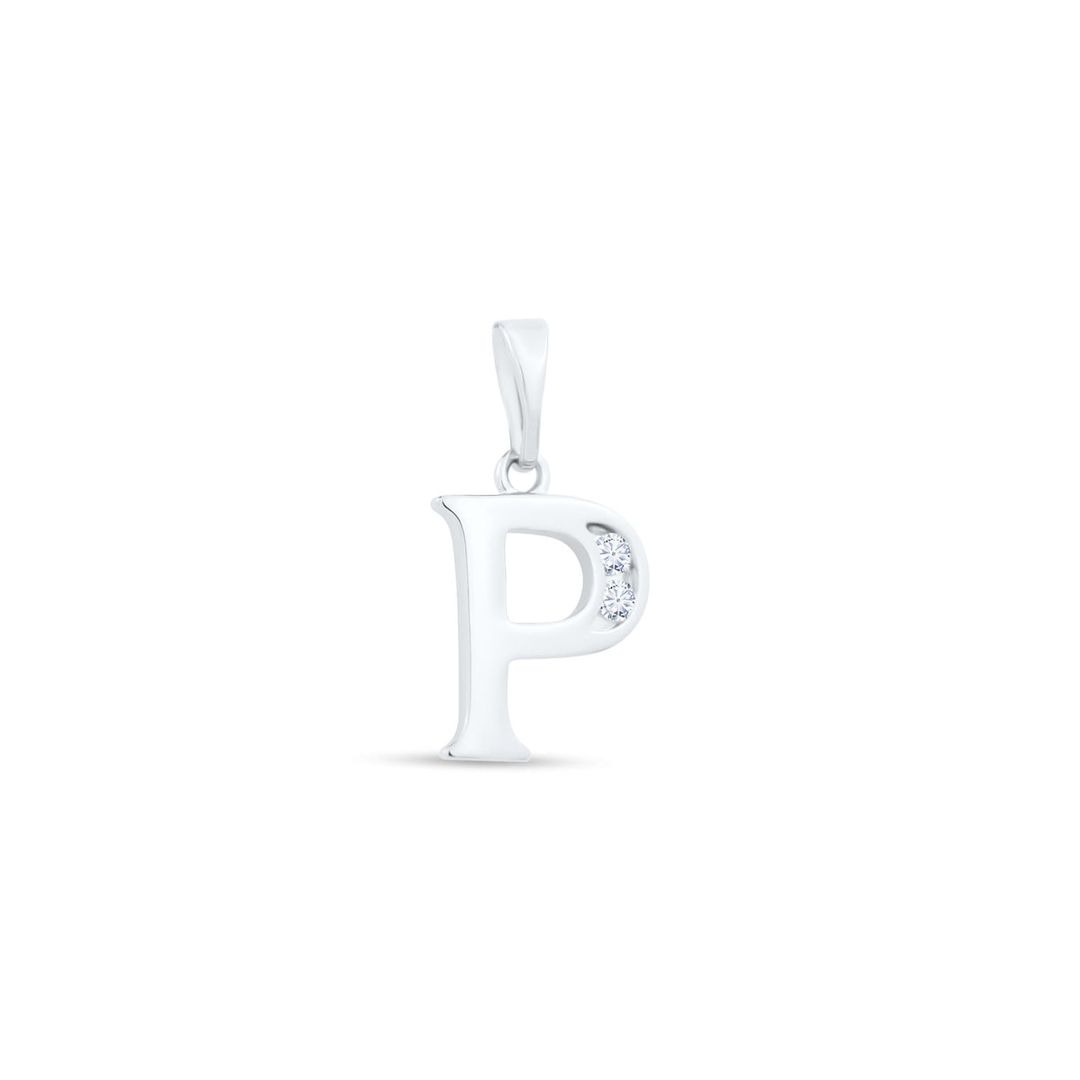 Letter P pendant with two round cubic zirconia and polished platinum plating