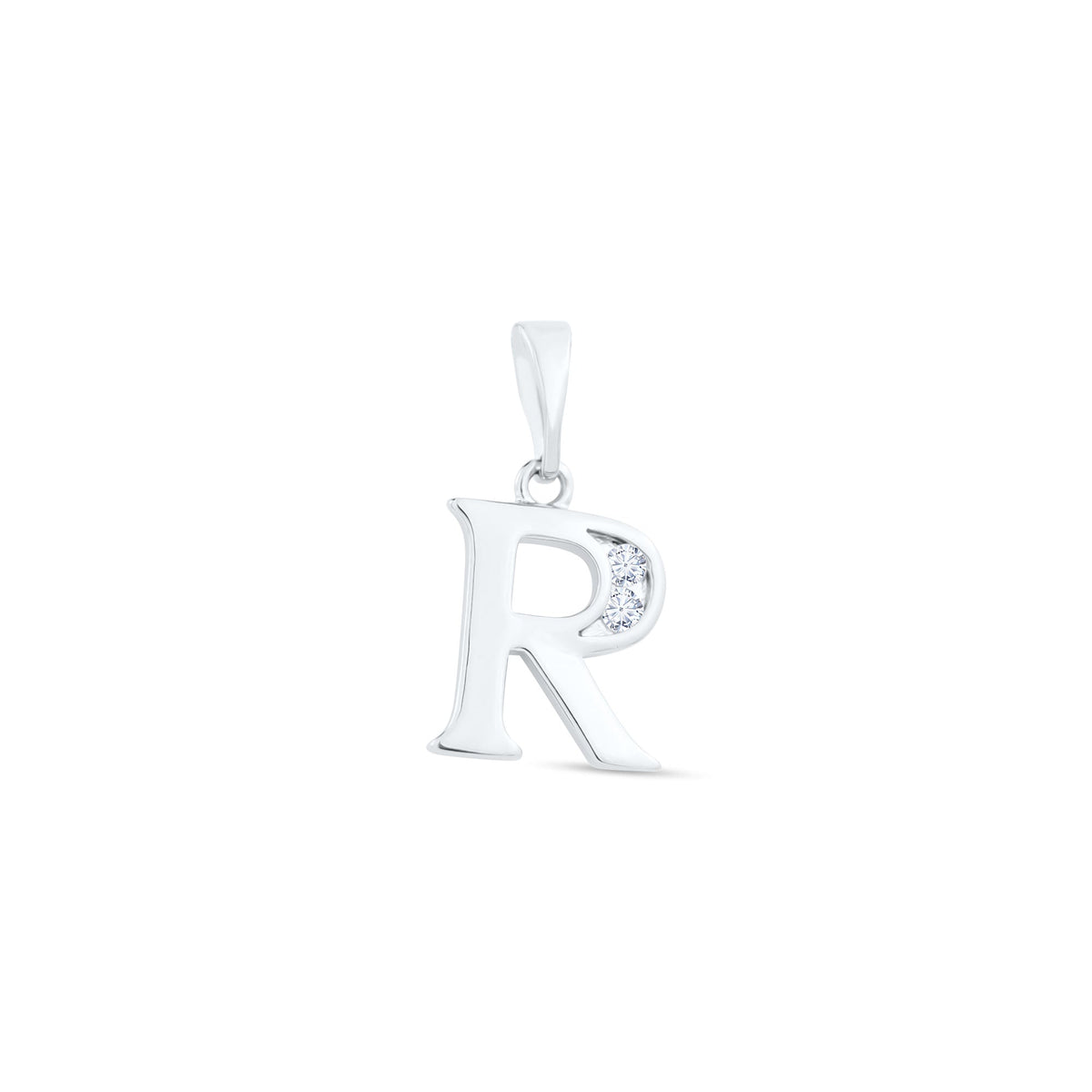 Shiny platinum-plated letter R pendant with two cubic zirconia in the bowl