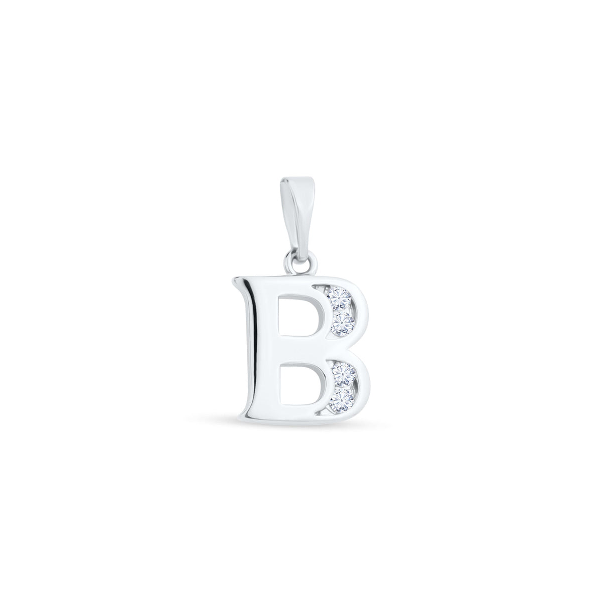 Shiny letter B pendant with a row of cubic zirconia in both bowls