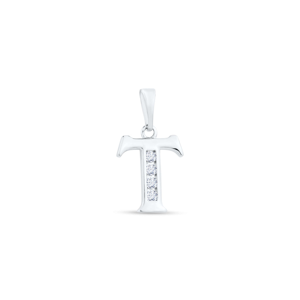 Letter T pendant with a vertical row of cubic zirconia, bright finish