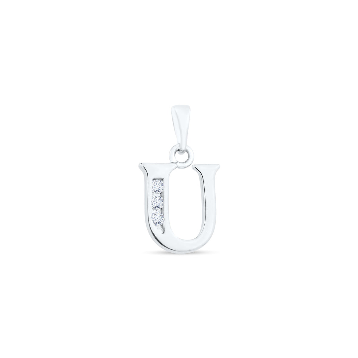 Letter U pendant with three small cubic zirconia on the left stroke