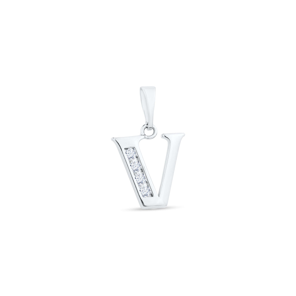 Letter V pendant with a row of sparkling cubic zirconia on the left
