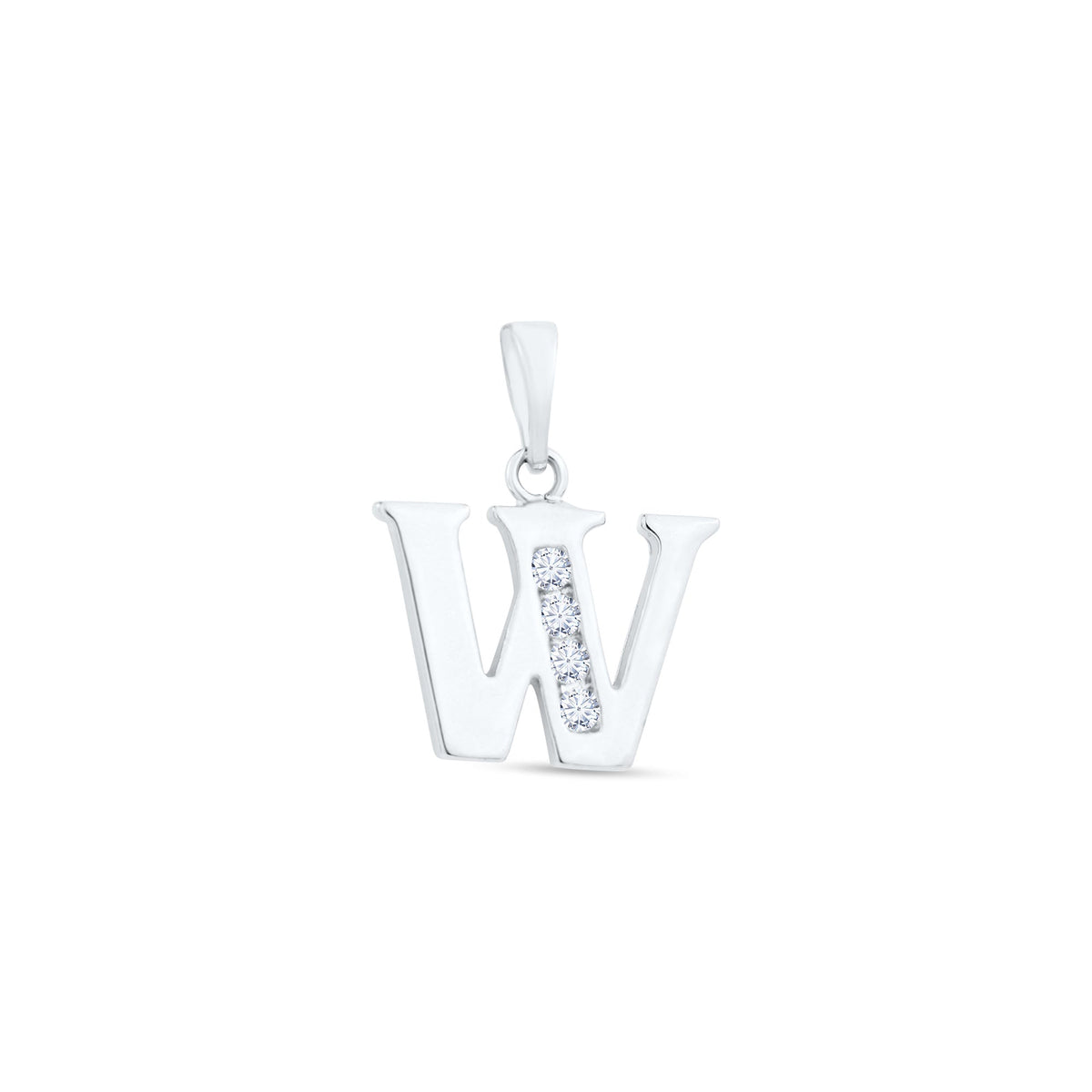 Letter W pendant with four cubic zirconia in the middle strokes