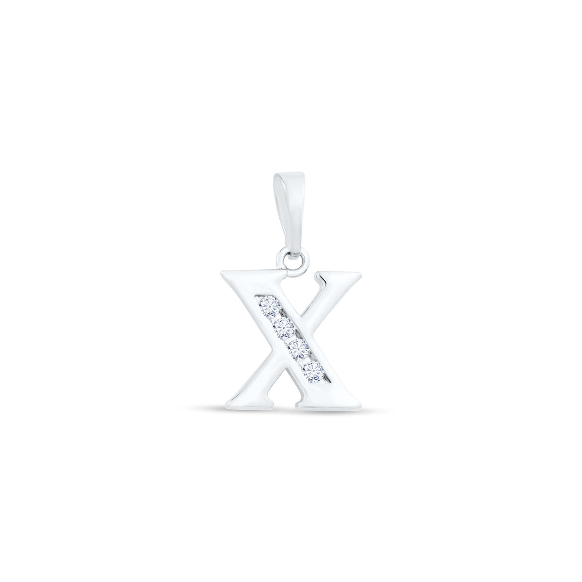 Shiny platinum-plated letter X pendant with four clear cubic zirconia