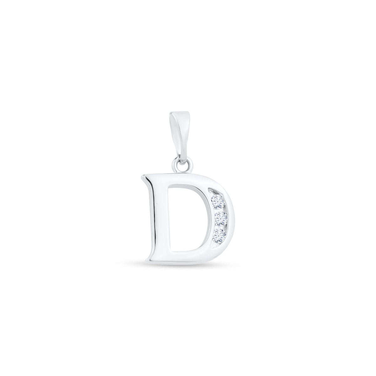 Polished letter D pendant with three cubic zirconia along the curve