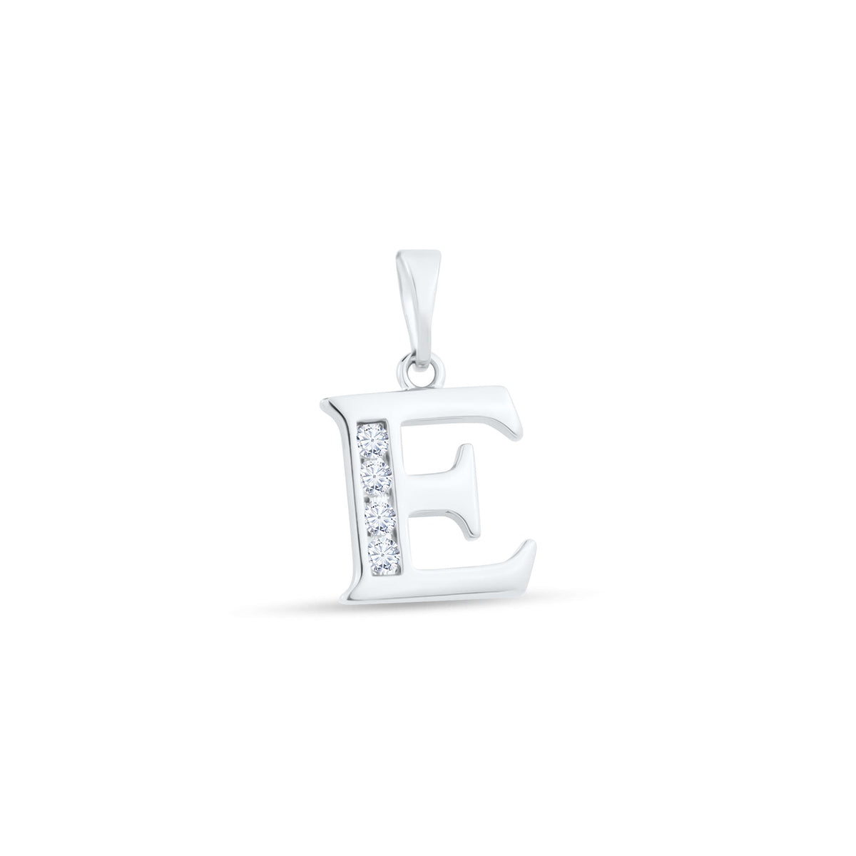 Platinum-plated letter E pendant with four cubic zirconia in the upright
