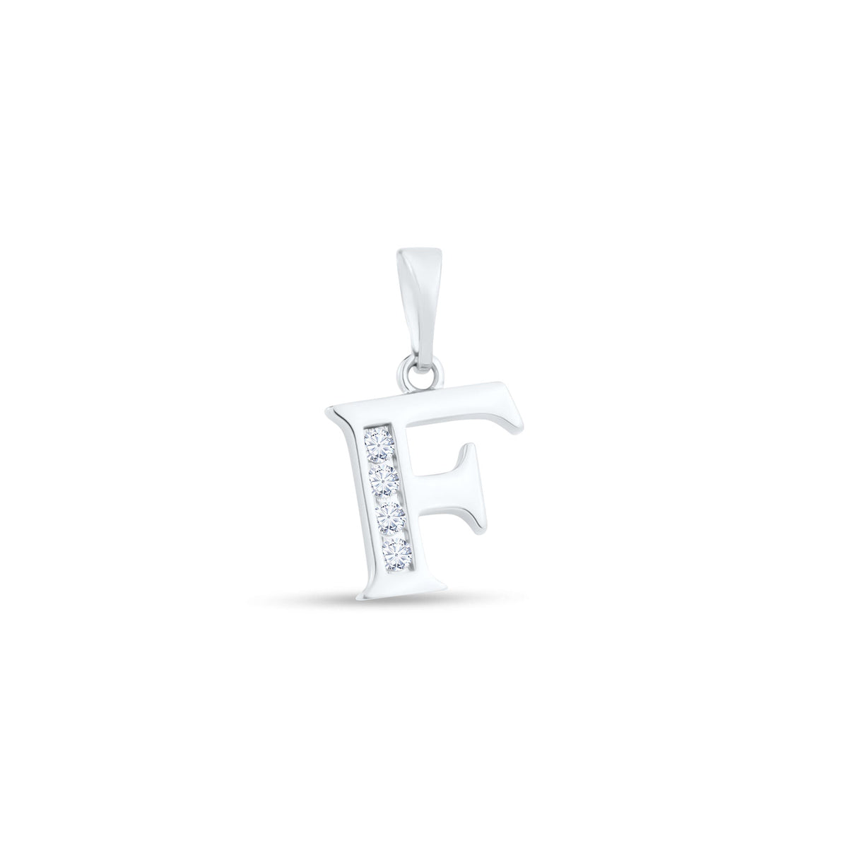 Minimalist letter F pendant with a band of cubic zirconia, silver tone