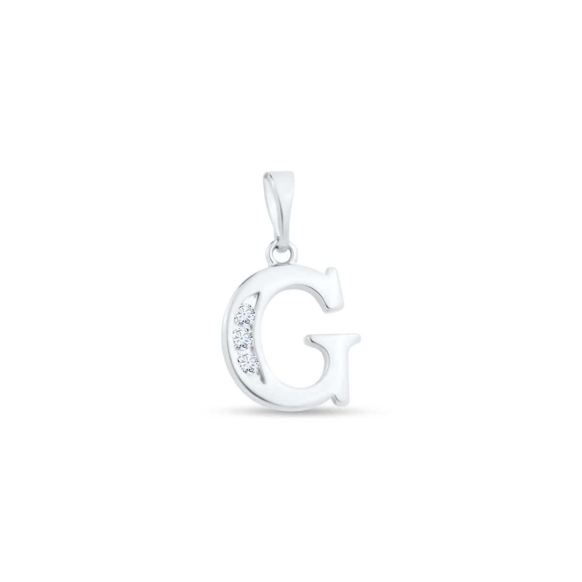 Letter G pendant with three sparkling cubic zirconia and a chain loop