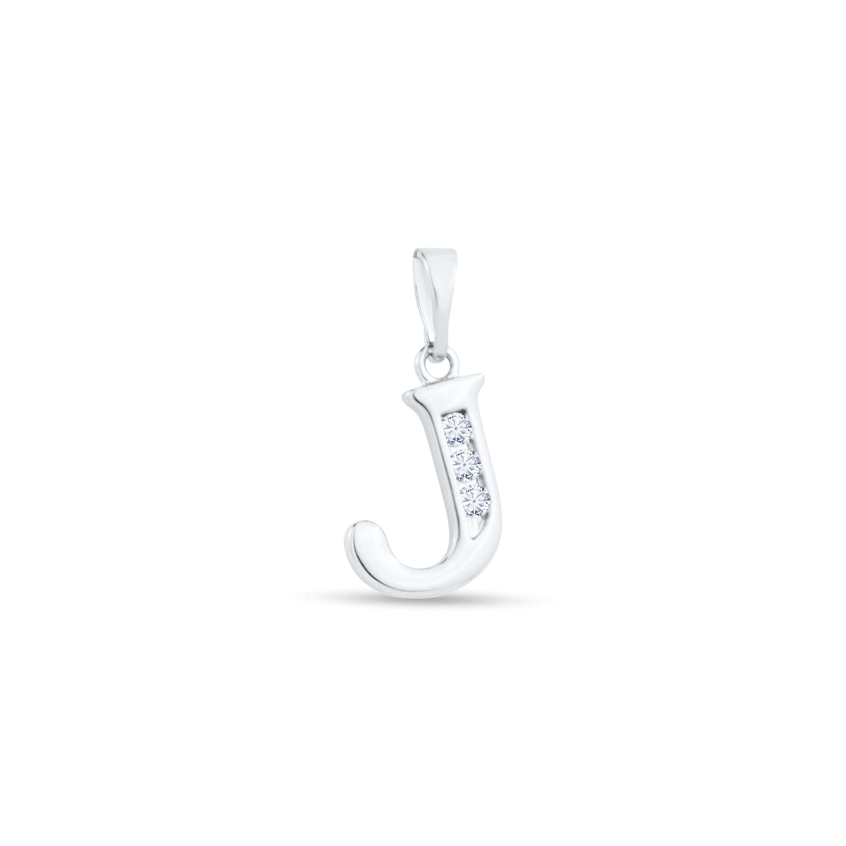 Letter J pendant with a rounded tail and three sparkling stones