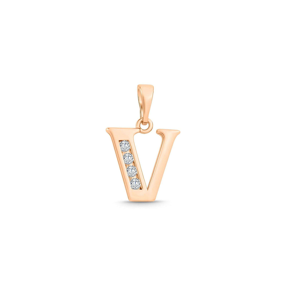 Initial V pendant with a slanted row of four cubic zirconia