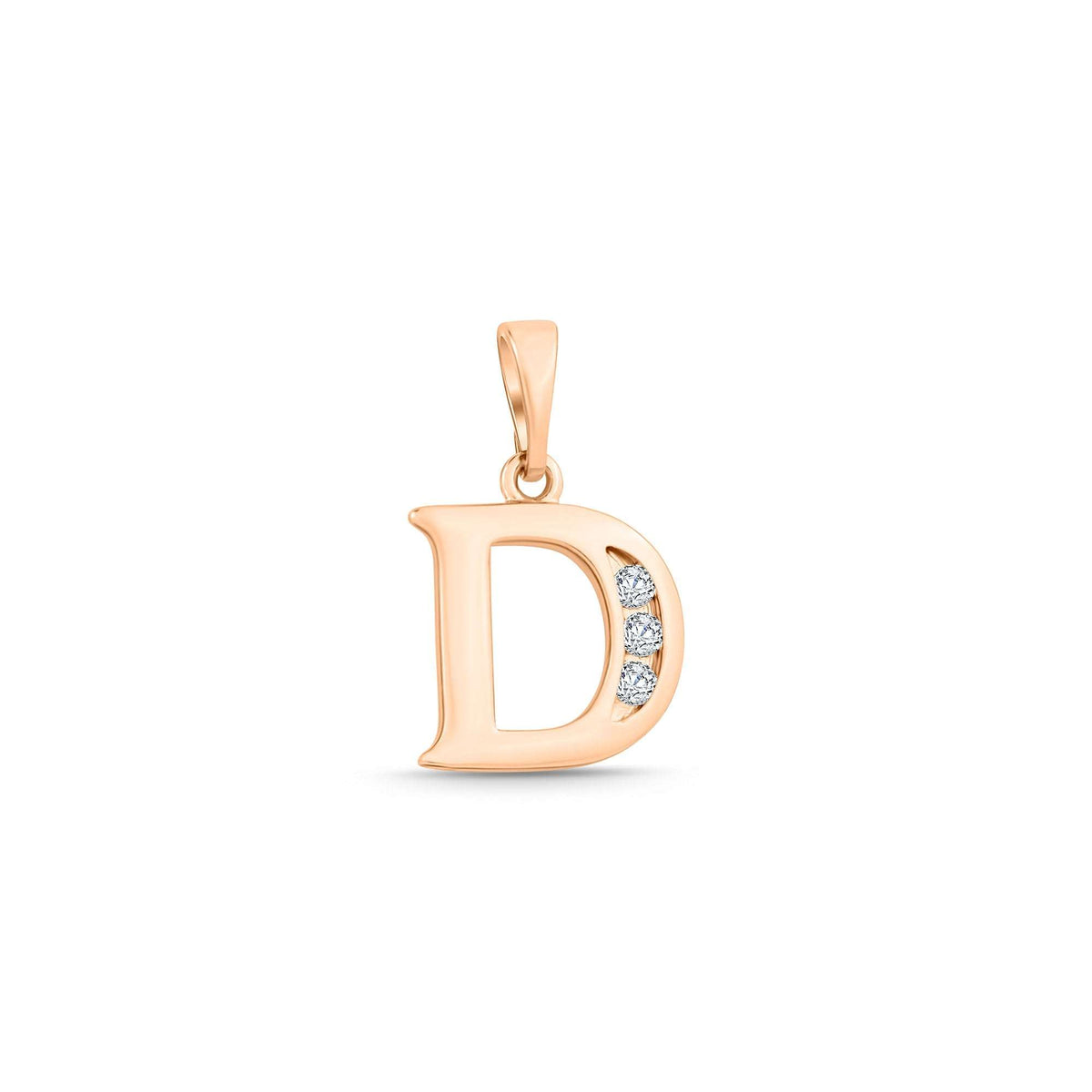 Gold-plated letter D pendant with three cubic zirconia on the curve
