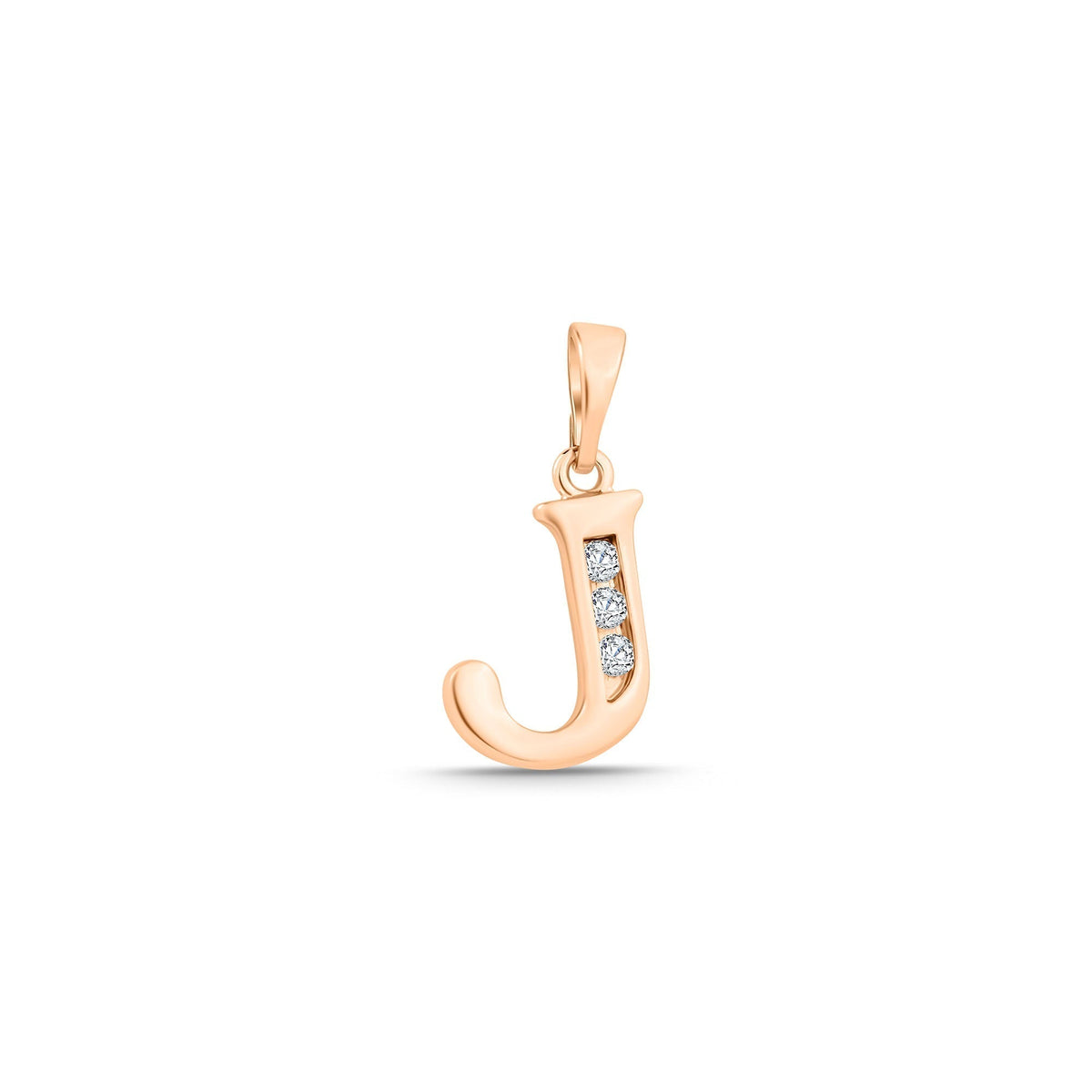 Letter J pendant with a rounded tail and three sparkling cubic zirconia