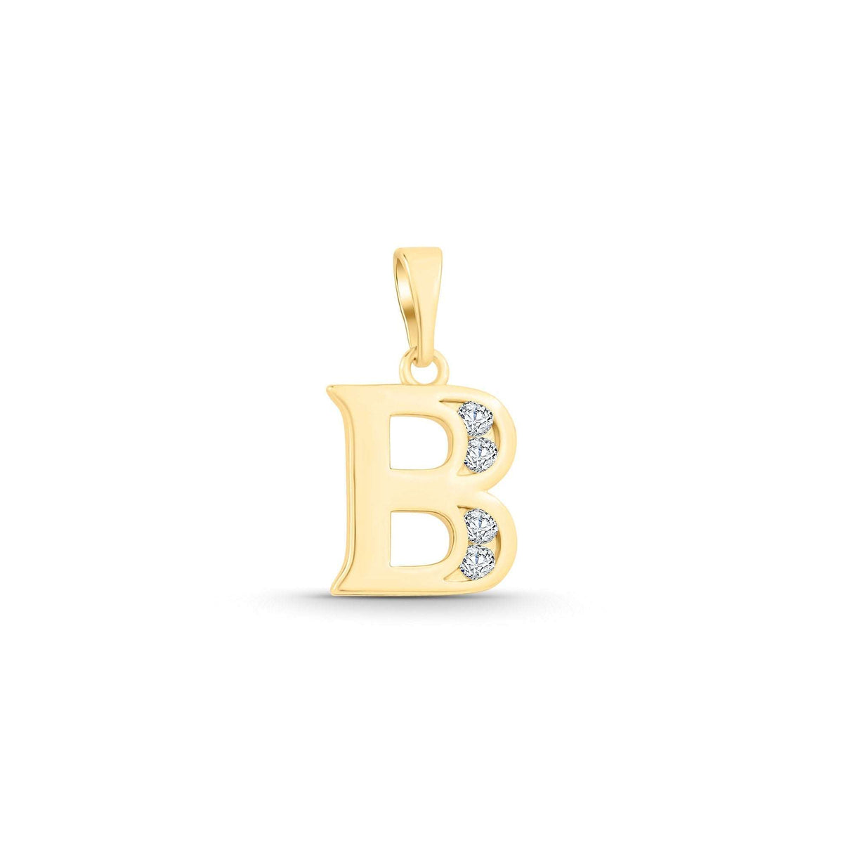 Letter B pendant, shiny gold plating, four clear cubic zirconia in the bowls