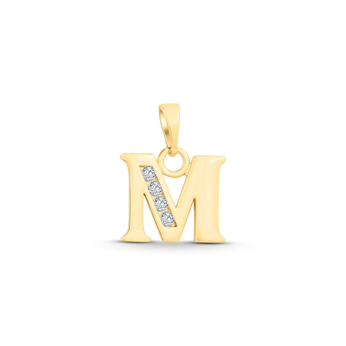 Gold-plated letter M pendant with four cubic zirconia on the slanted stroke