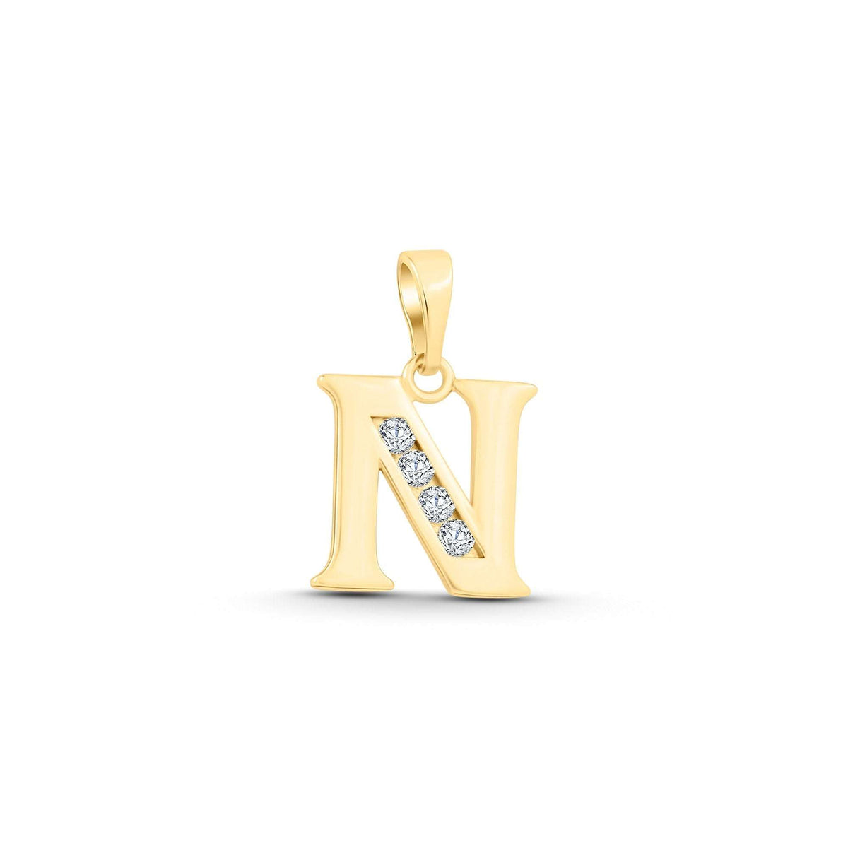 Letter N pendant with gold plating, four diagonal cubic zirconia and a polished surface