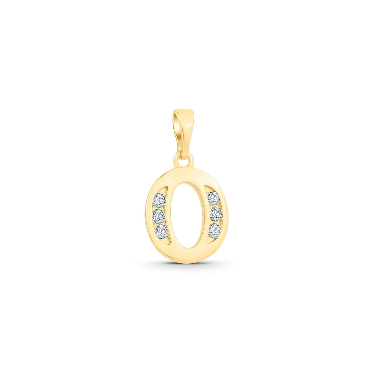 Oval letter O pendant with gold plating and six cubic zirconia on both sides