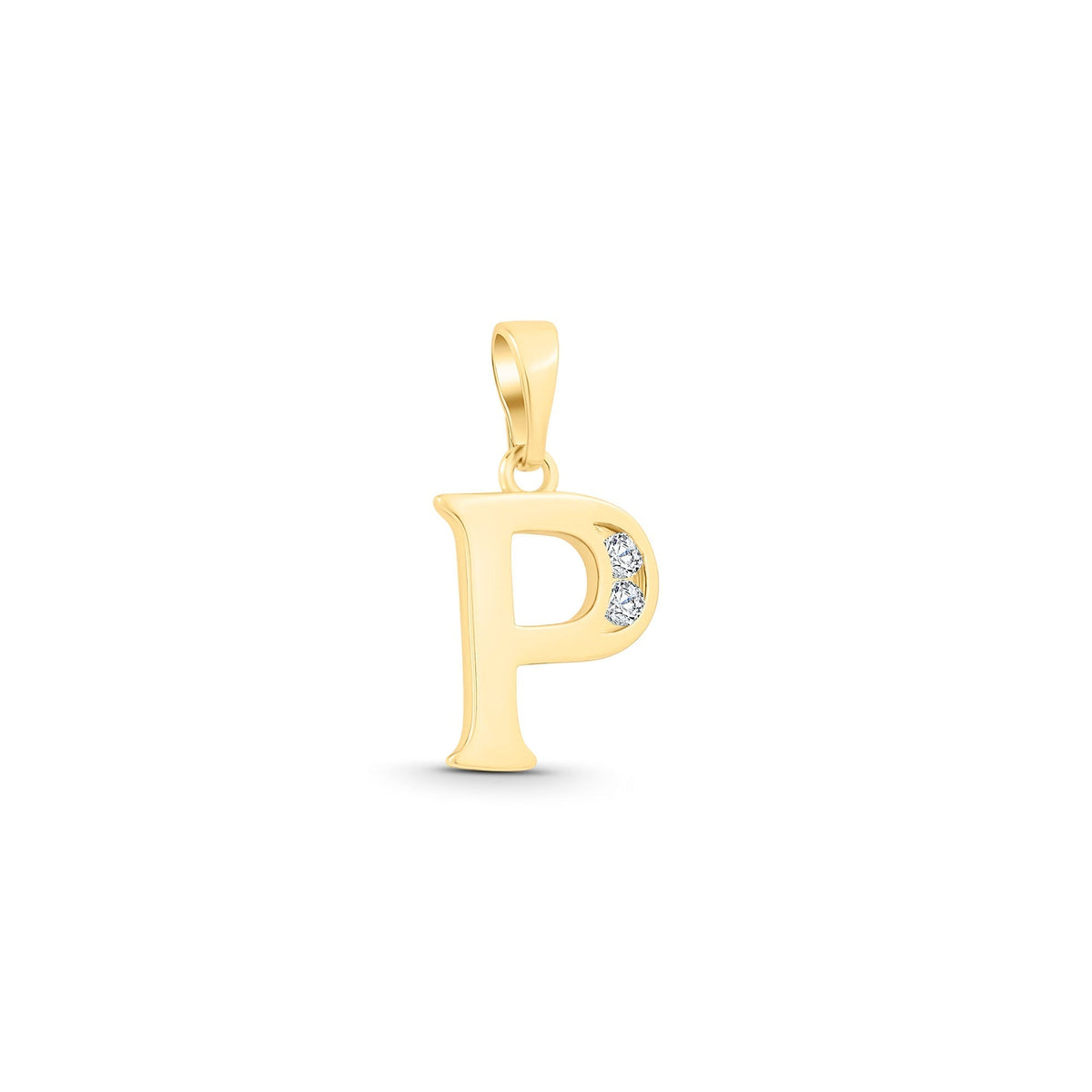 Gold-plated letter P pendant with two large clear cubic zirconia in the bowl