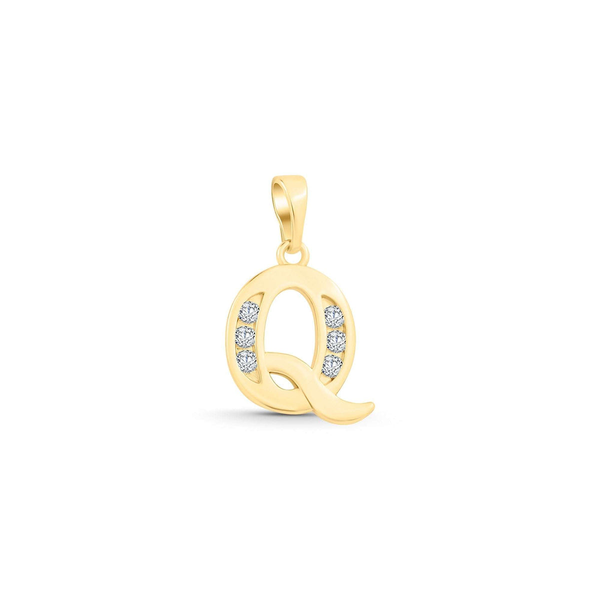 Letter Q pendant with gold plating, six cubic zirconia and a curved tail