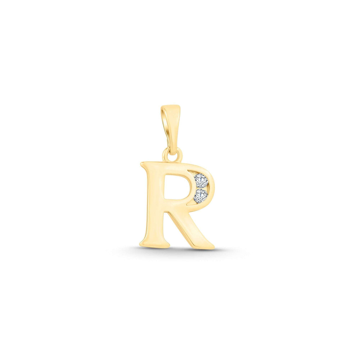 Gold-plated letter R pendant with two bright cubic zirconia