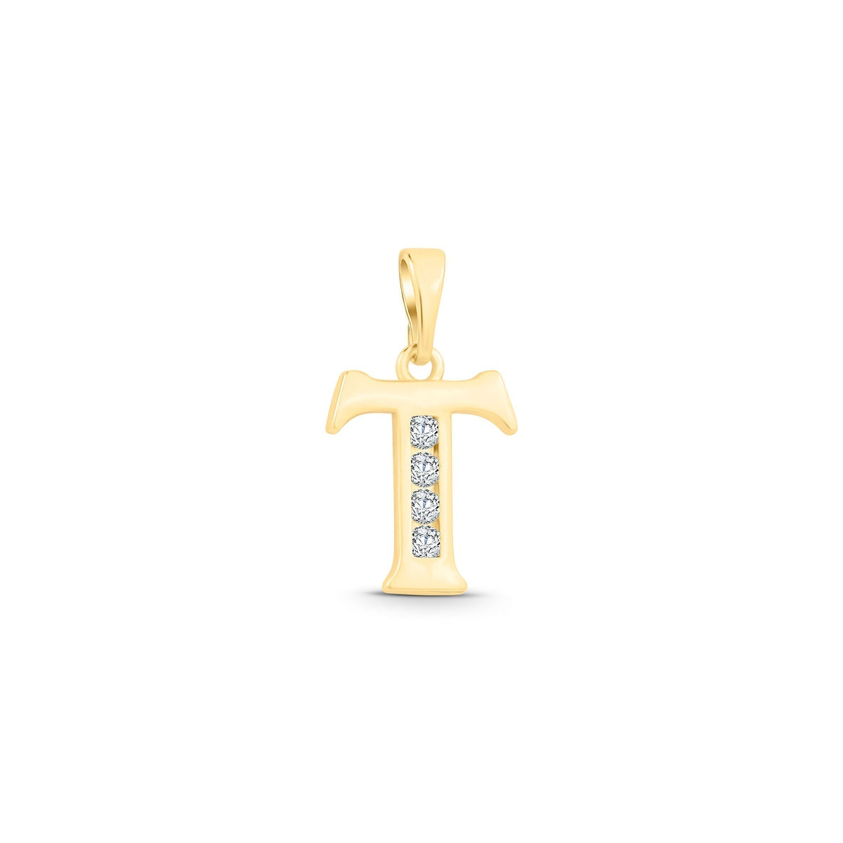 Letter T pendant with gold plating and four cubic zirconia along the upright