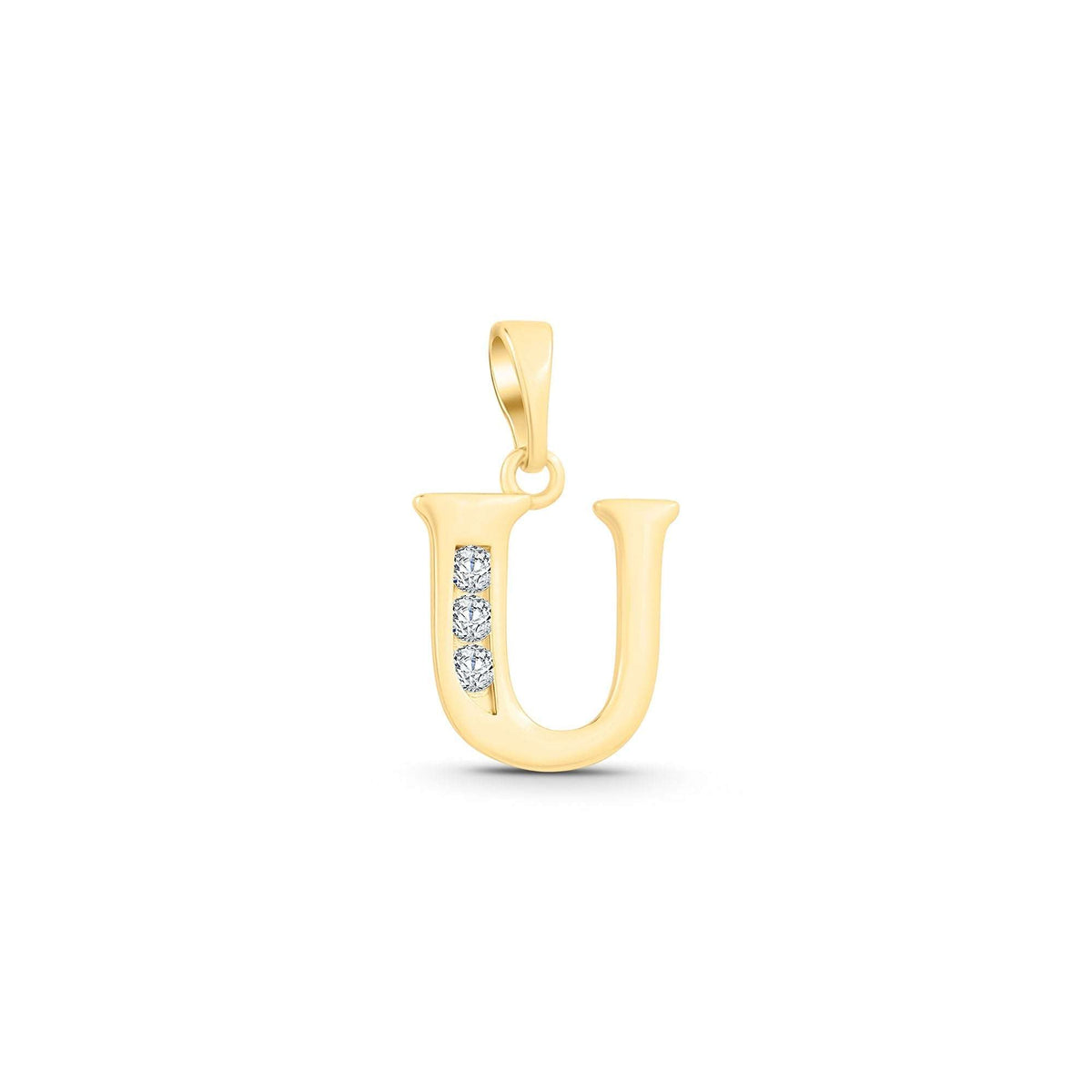 Gold-plated letter U pendant with three sparkling cubic zirconia on the left stroke