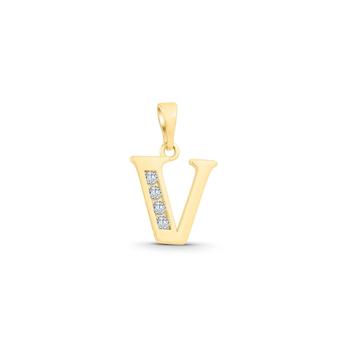 Letter V pendant with gold plating and four cubic zirconia on the slanted stroke