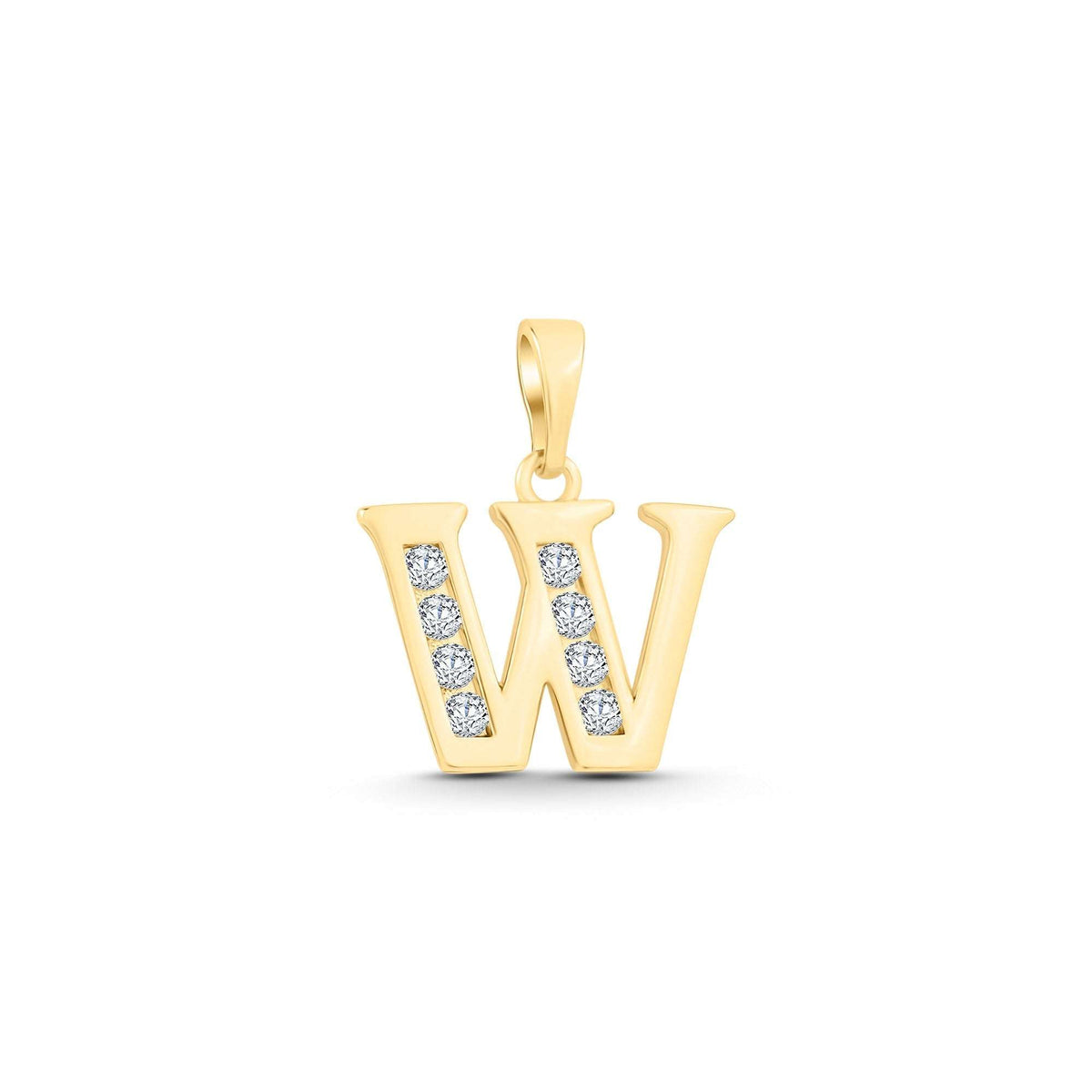 Gold-plated letter W pendant with eight cubic zirconia on both slanted strokes
