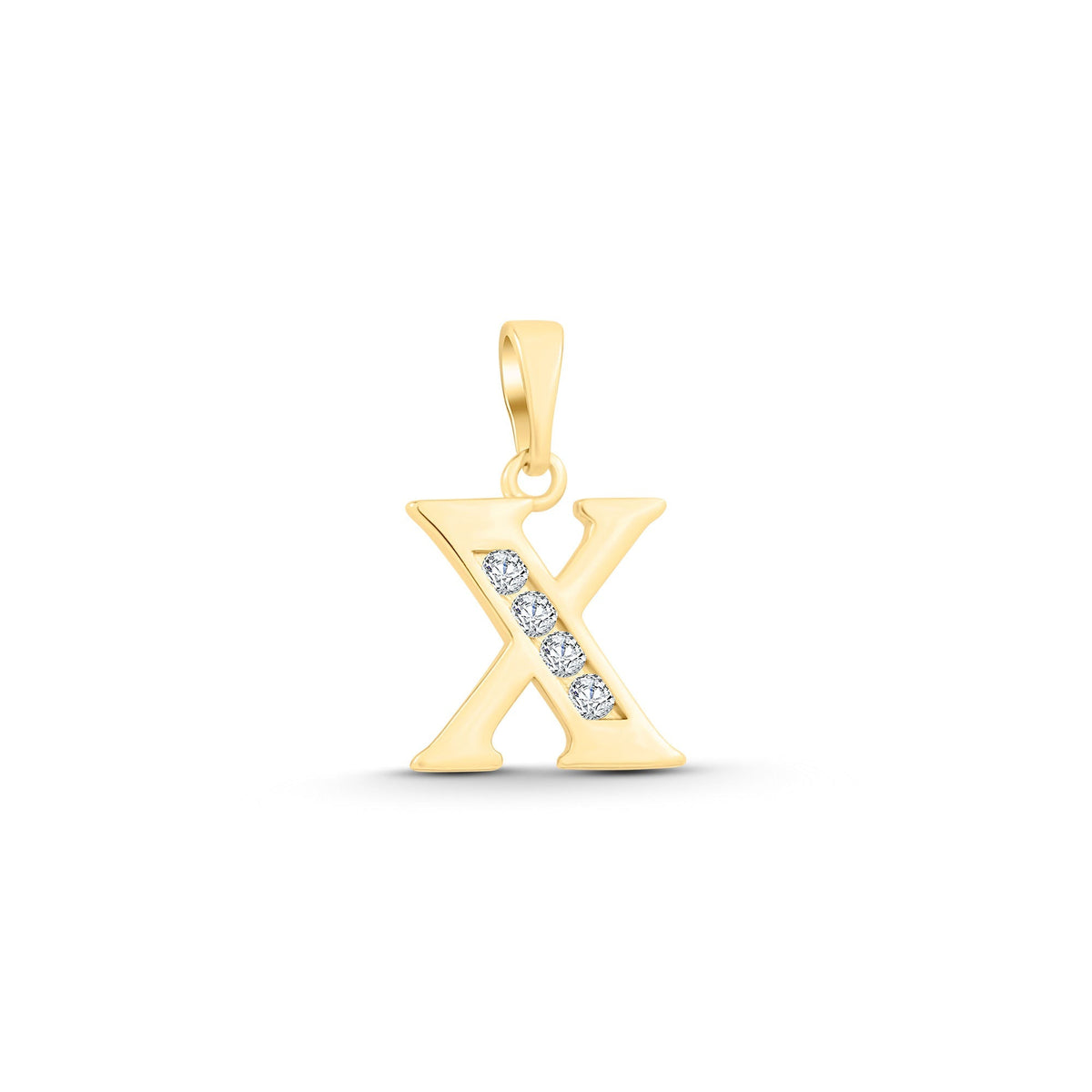 Letter X pendant with gold plating and four diagonal cubic zirconia