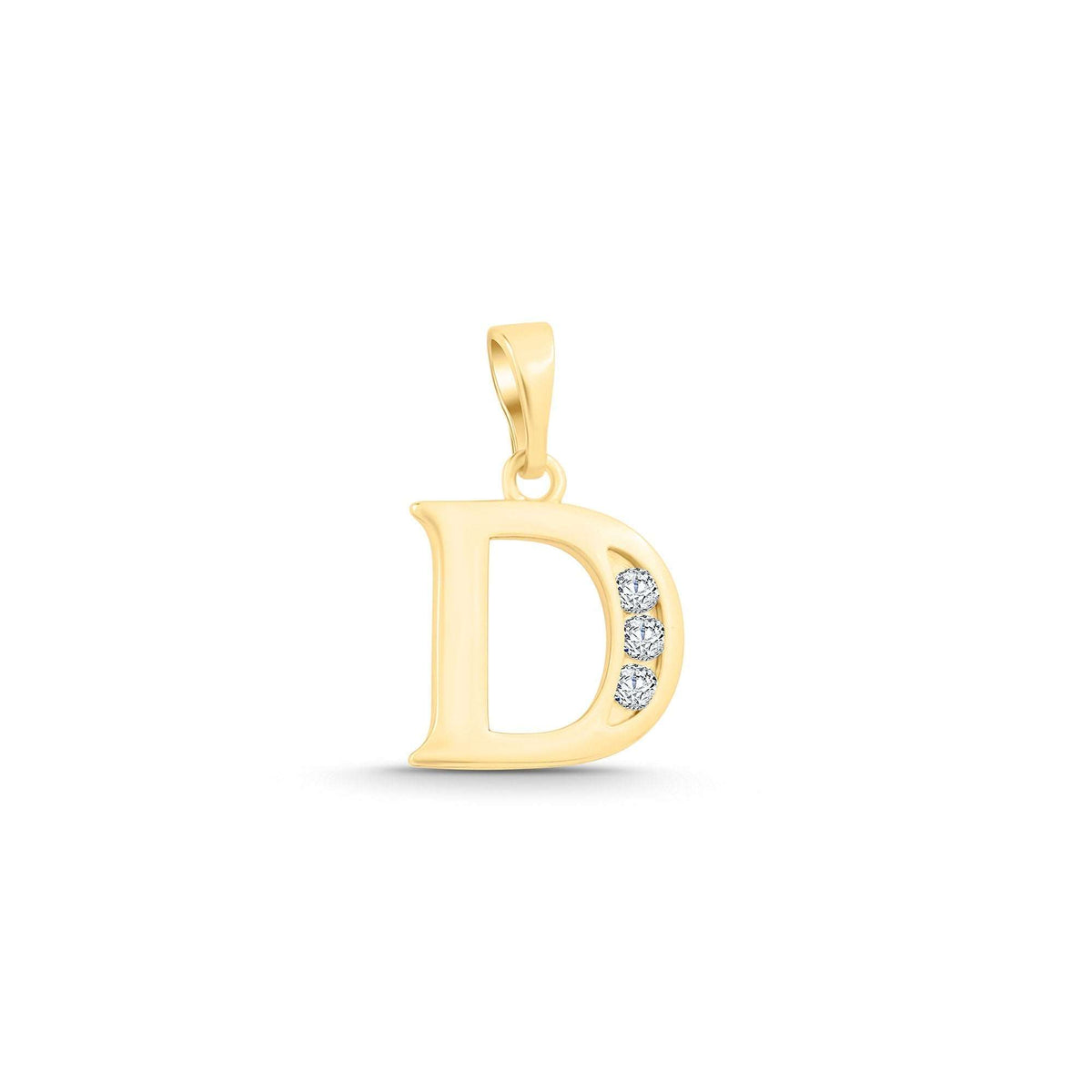Letter D pendant with gold plating and three white cubic zirconia on the curve