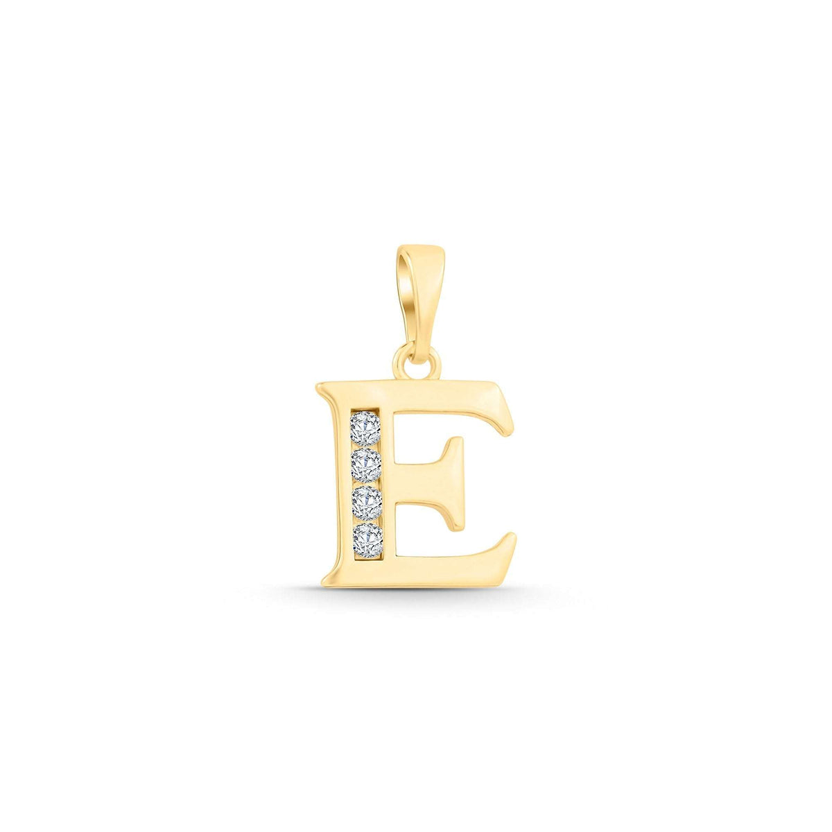 Gold-plated letter E pendant with four cubic zirconia set in the upright