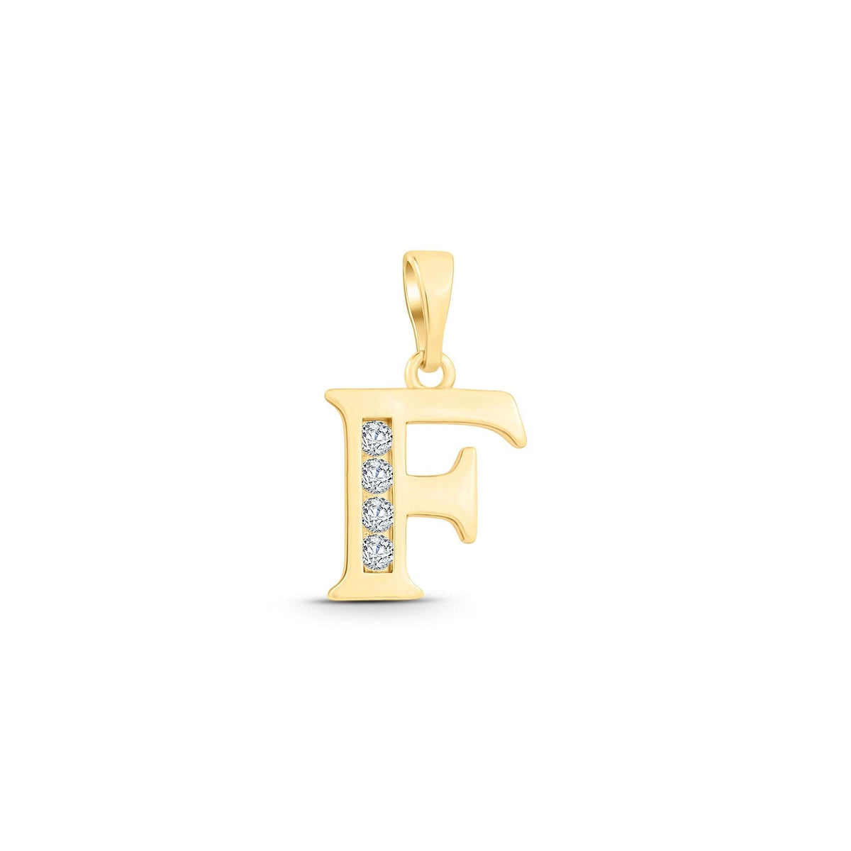 Letter F pendant with gold plating and a row of four cubic zirconia