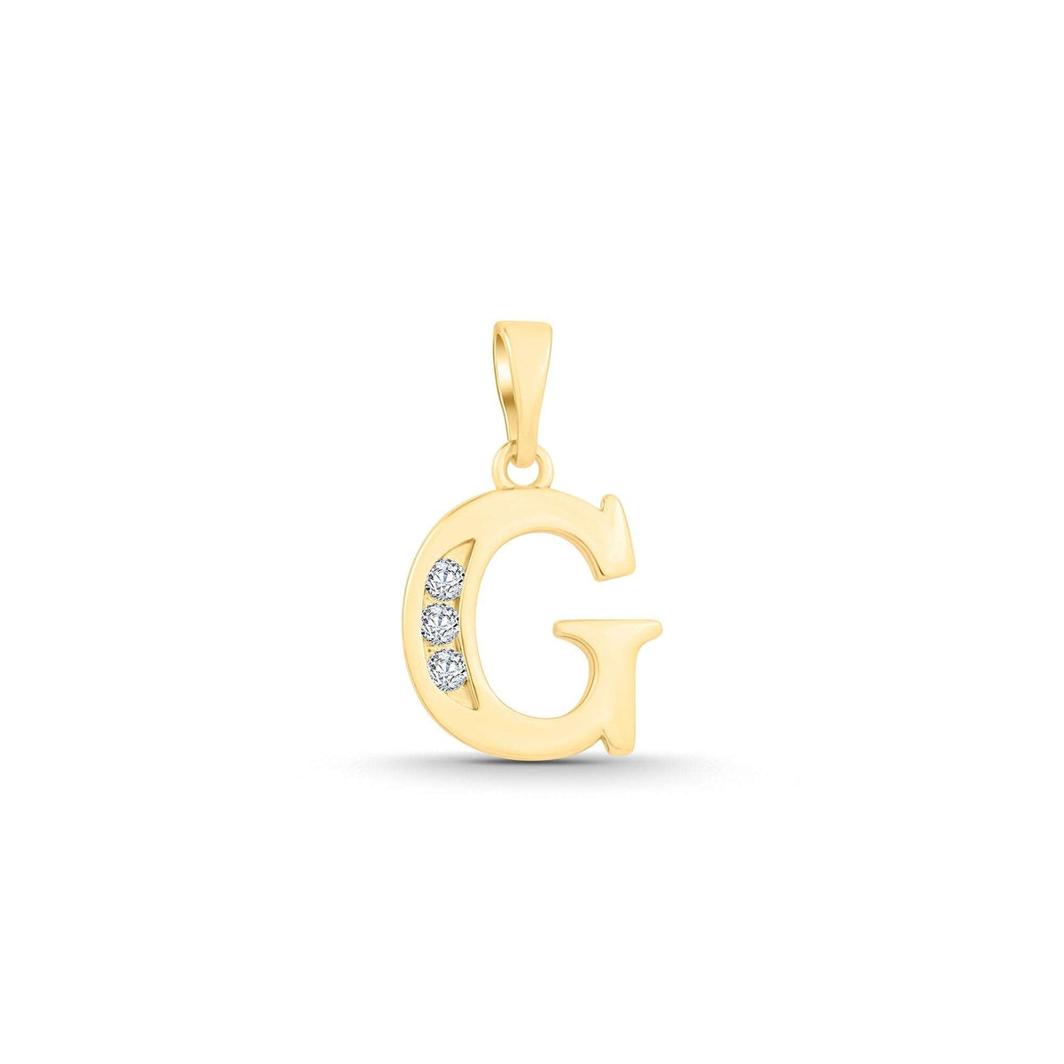 Gold-plated letter G pendant with three clear cubic zirconia on the curve