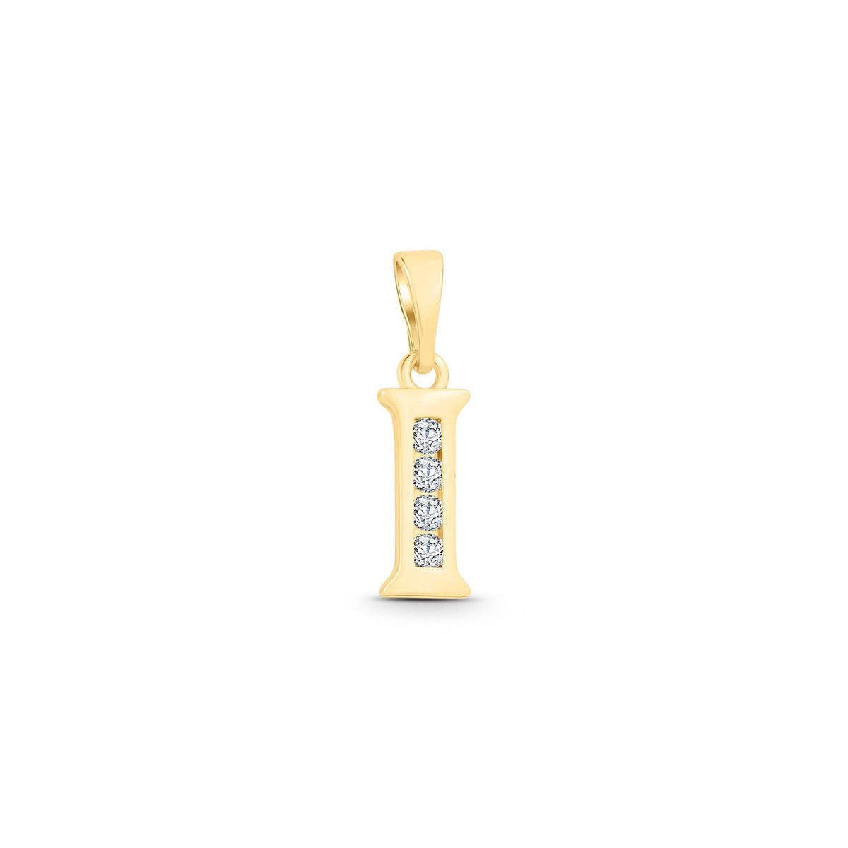 Narrow gold-plated letter I pendant with four cubic zirconia in a straight row