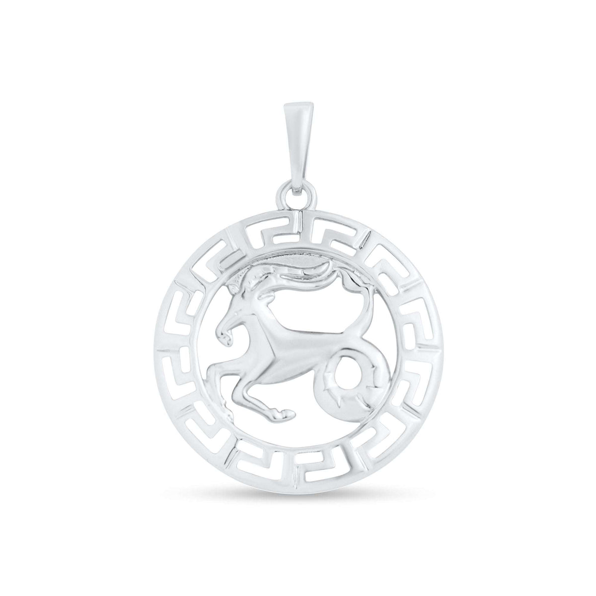 Capricorn pendant with a leaping goat in a meander circle, platinum plating