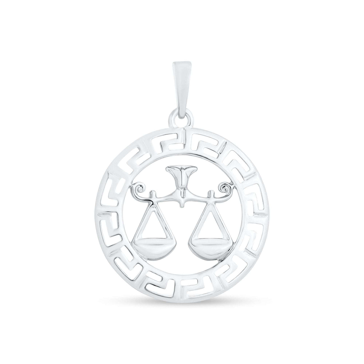 Libra pendant with balanced scales in a meander frame, shiny silver tone