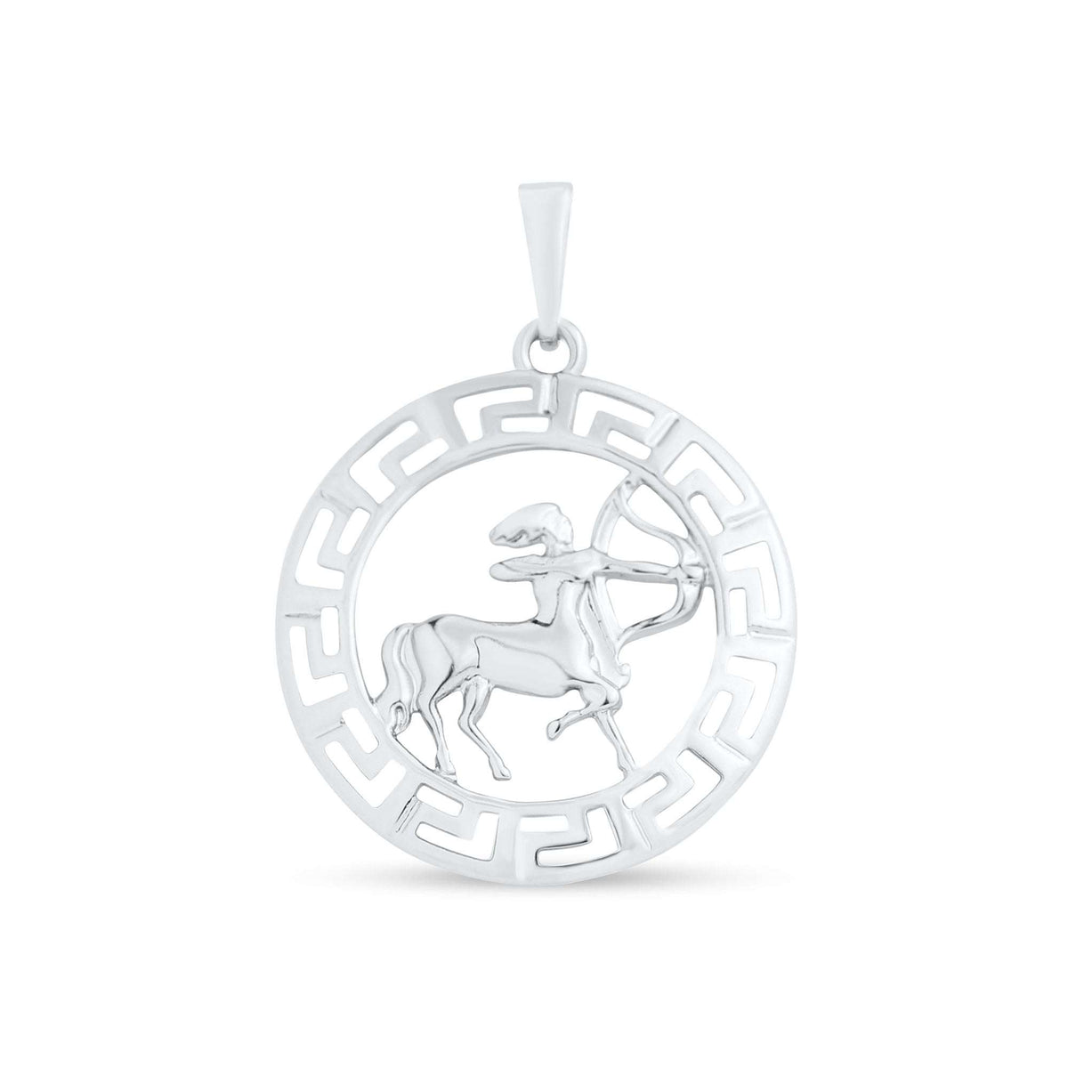 Sagittarius pendant with a centaur drawing a bow in a round meander frame