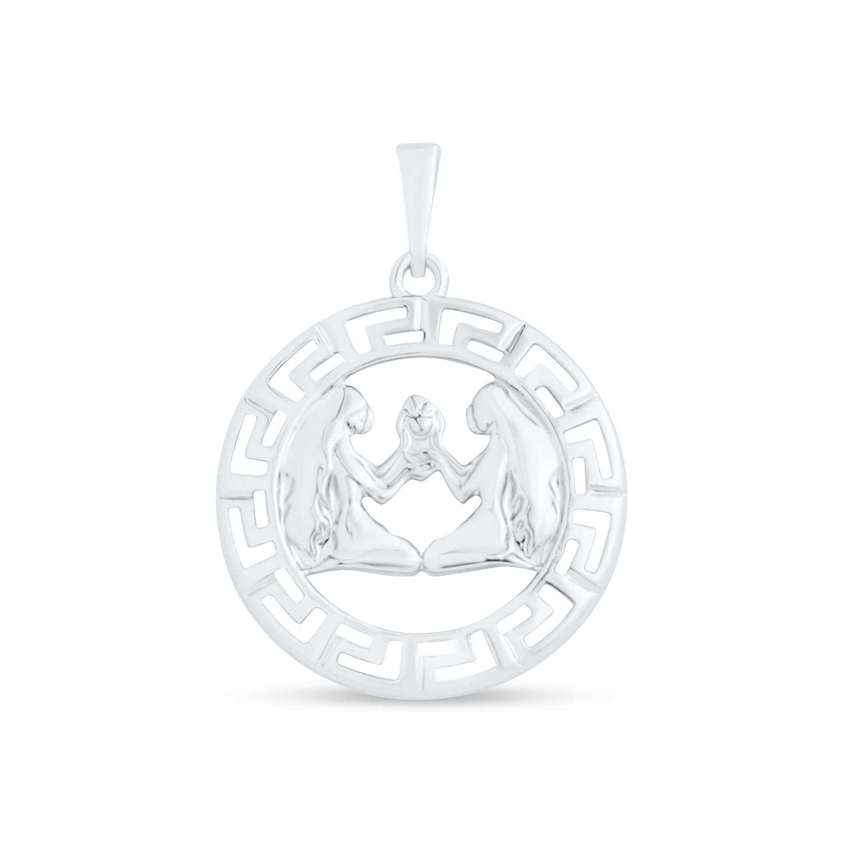 Gemini zodiac pendant with two figures holding hands, platinum plating