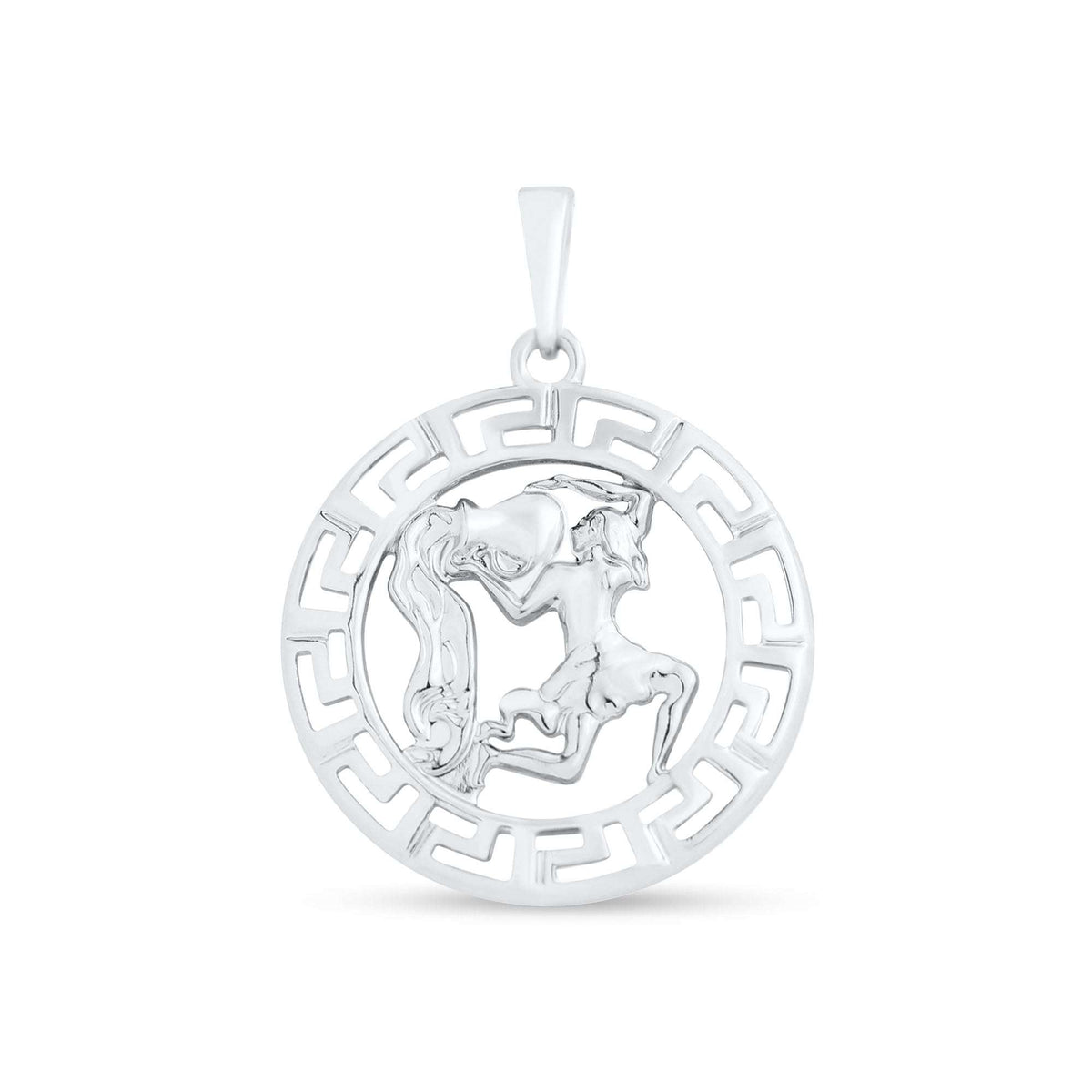 Round Aquarius zodiac pendant with platinum plating and a Greek key border