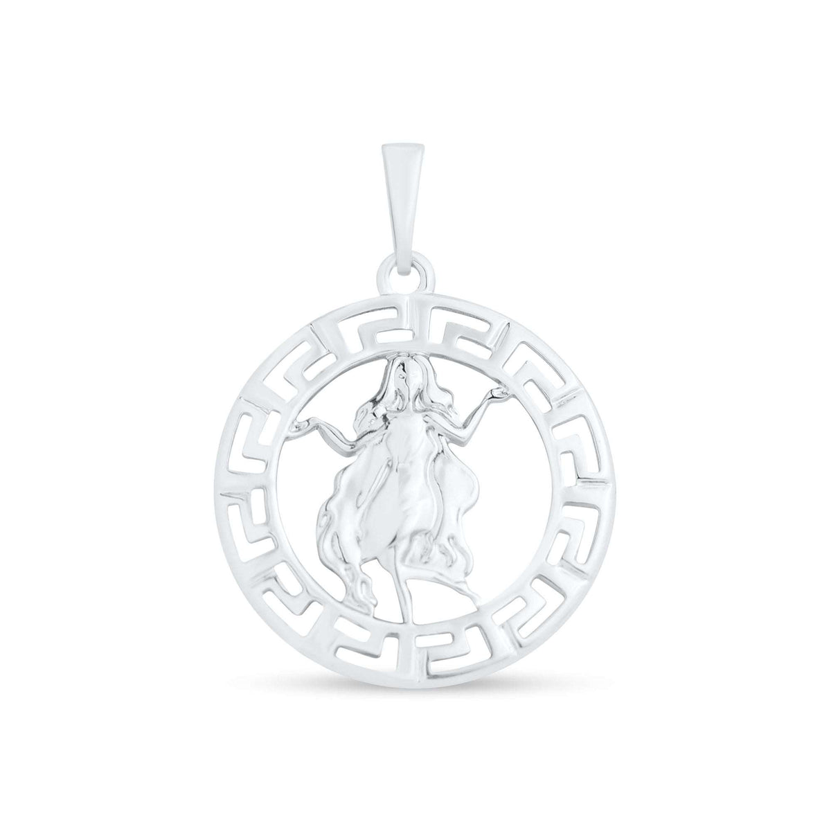 Round zodiac pendant with a Virgo figure in a Greek key circle, silver tone