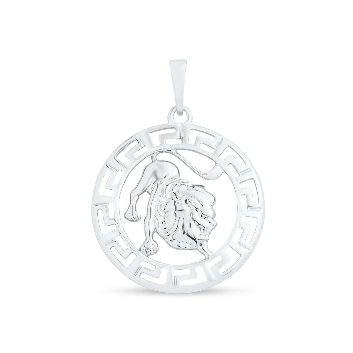 Leo zodiac pendant with a maned lion in a meander circle, bright finish