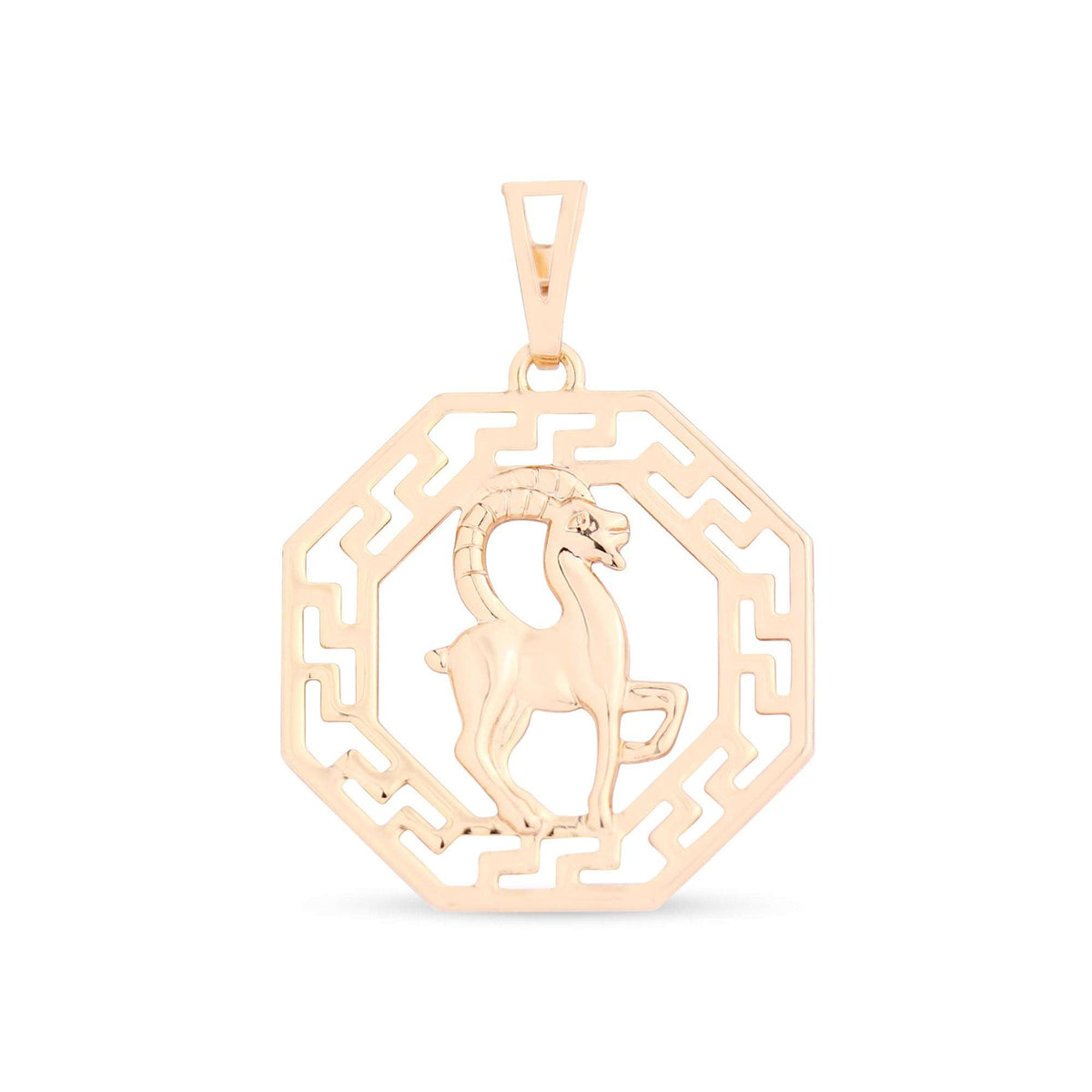 Gold-plated octagonal pendant with the Capricorn sign and a cut-out meander pattern