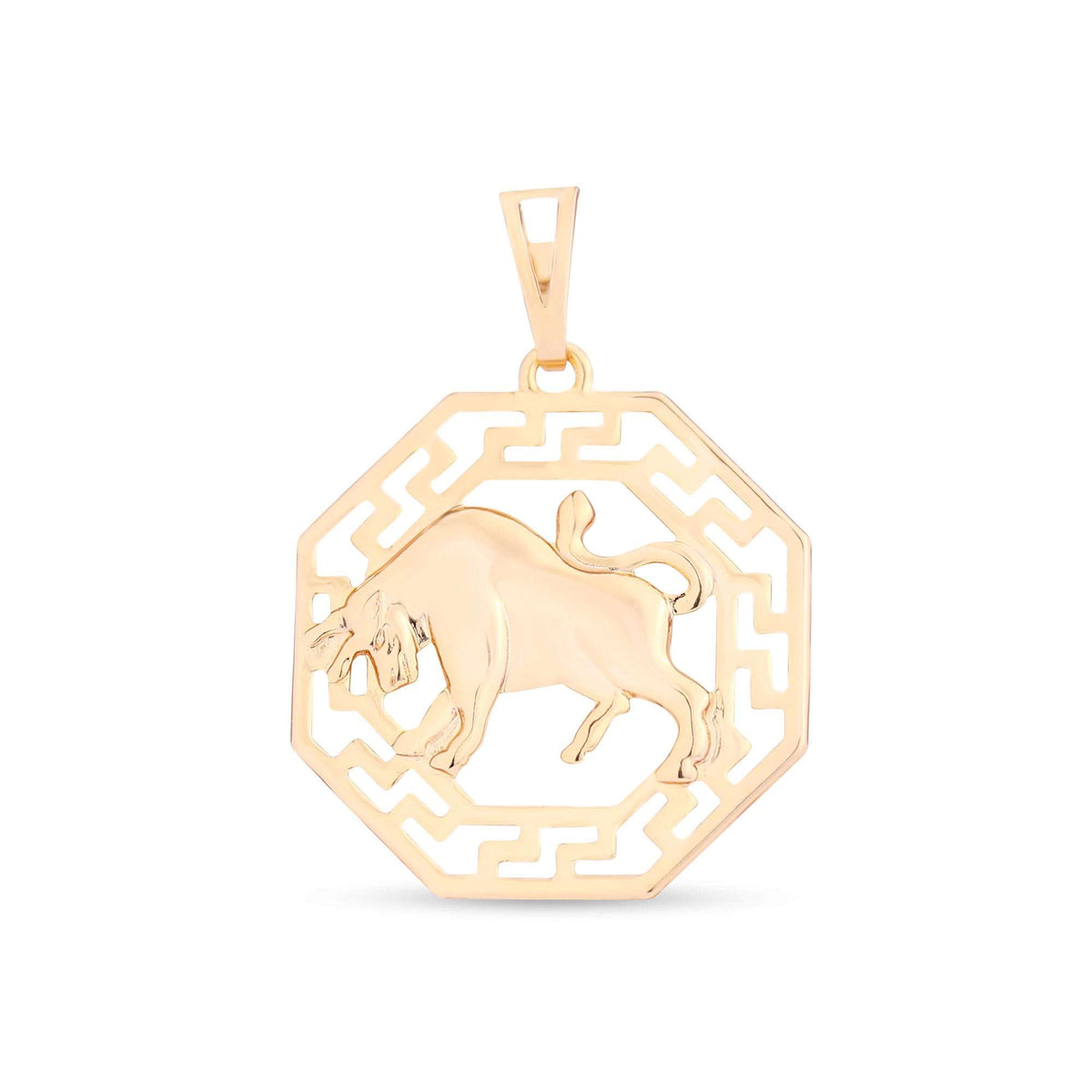 Gold-plated octagonal pendant with a Taurus figure and an openwork meander frame