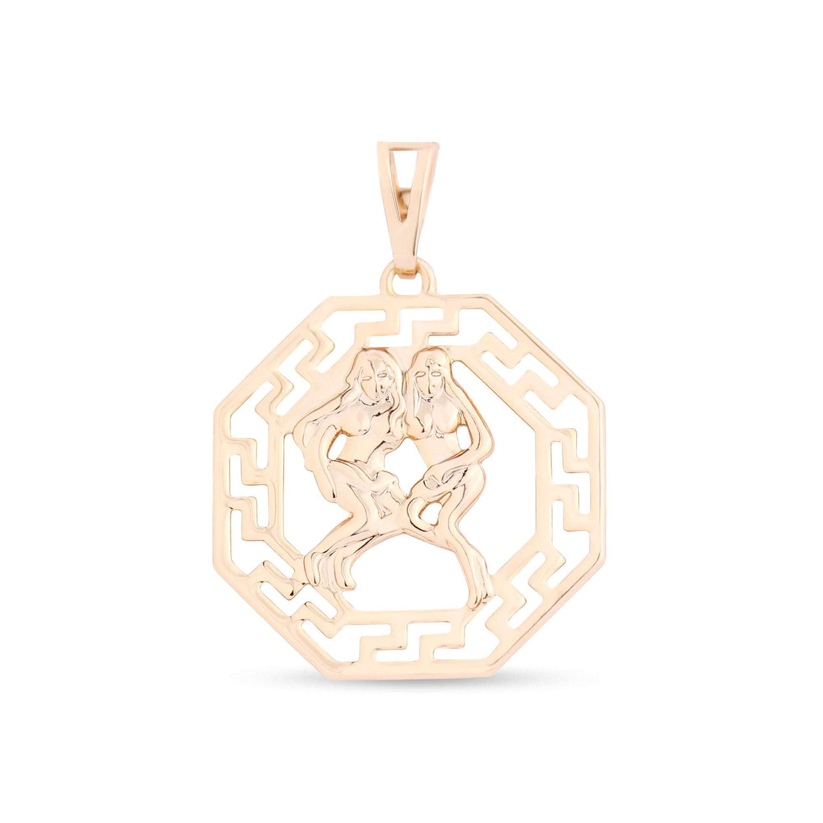 Gemini zodiac pendant with two figures in a gold-plated octagon with a meander pattern