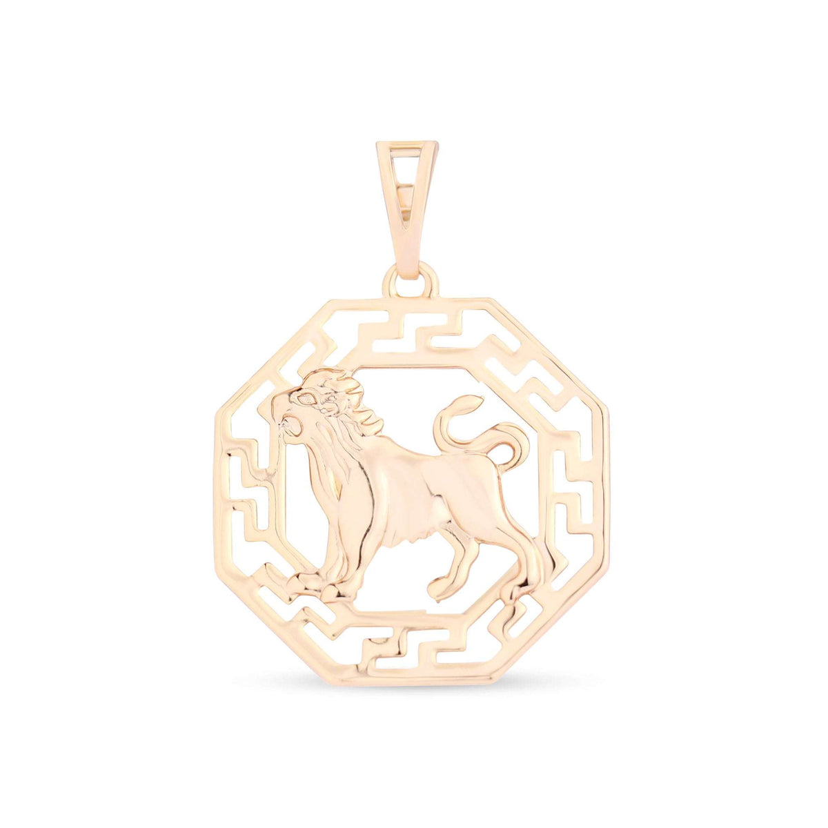 Leo zodiac pendant with a proud lion in a gold-tone openwork meander frame