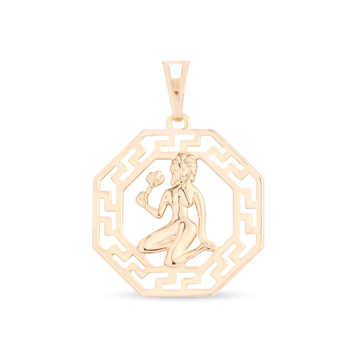 Virgo pendant with a female figure in a gold-plated octagonal meander medallion