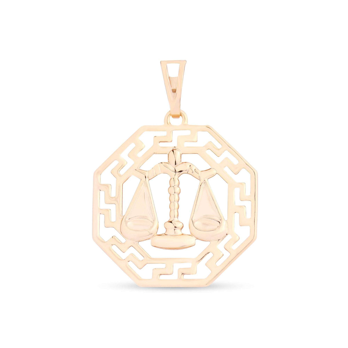 Libra pendant with raised scales in a gold-plated octagon with meander border